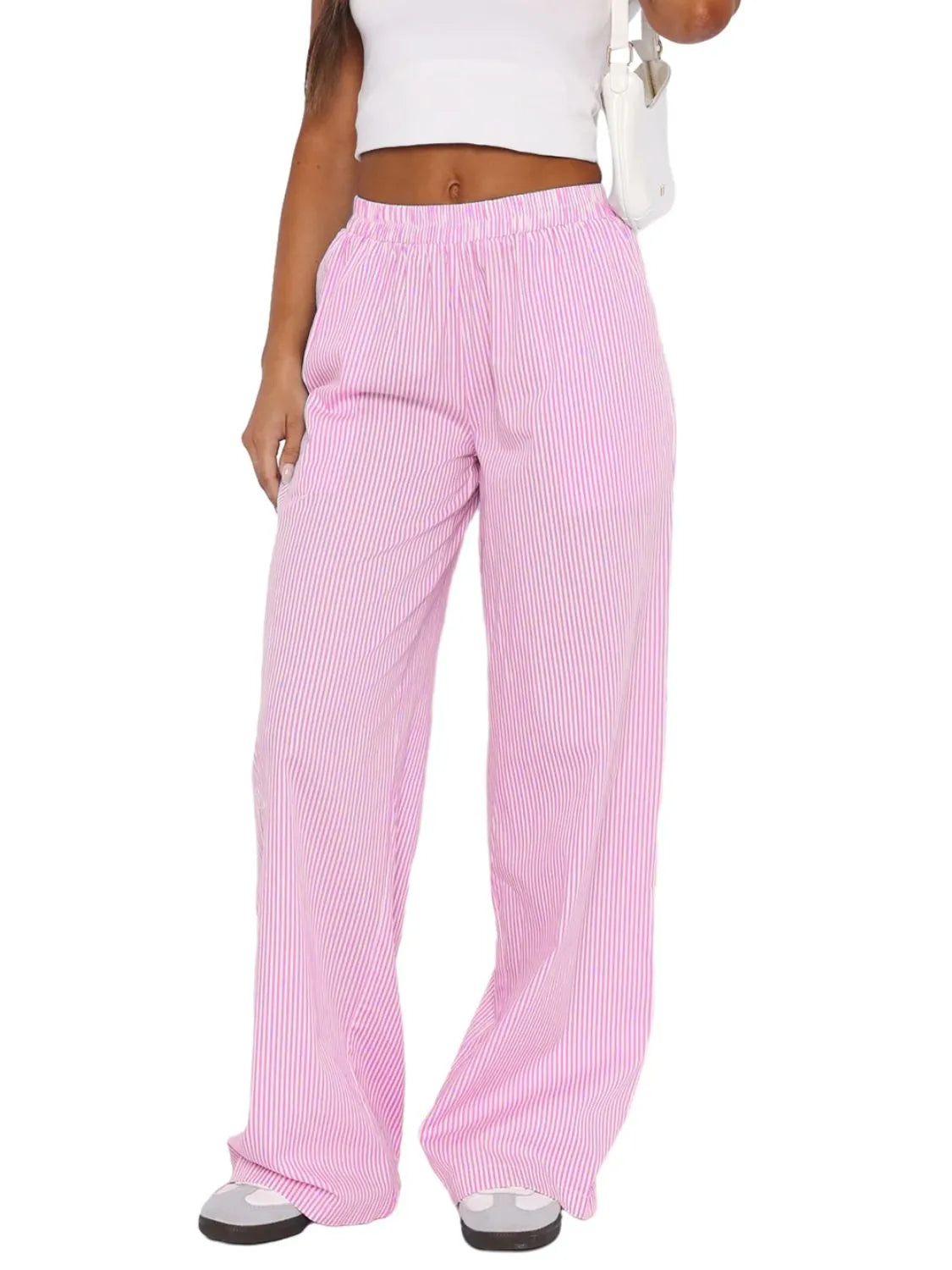 Pocketed Striped Wide Leg Pants