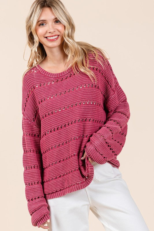 Mittoshop Openwork Round Neck Drop Shoulder Sweater