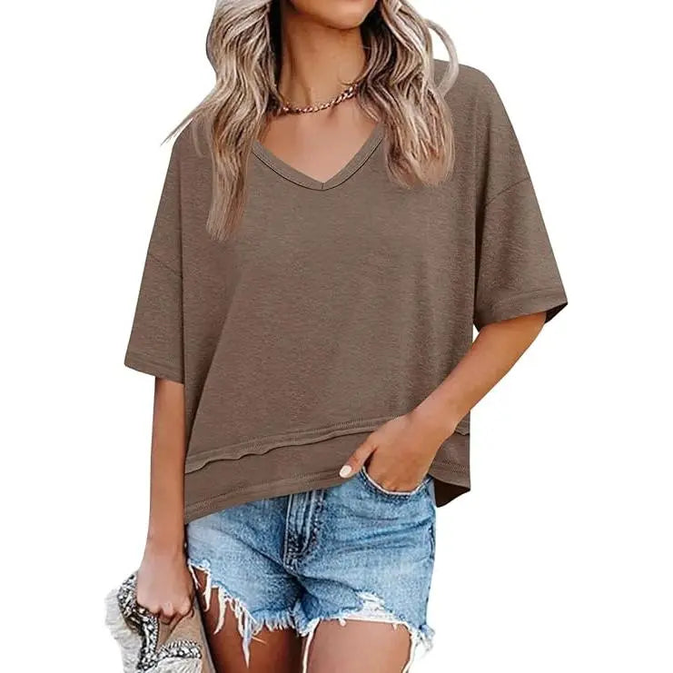 Oversize V-Neck Short Sleeve Casual Flowy Top