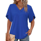 Womens Summer V-Neck Petal Sleeve Blouse Casual