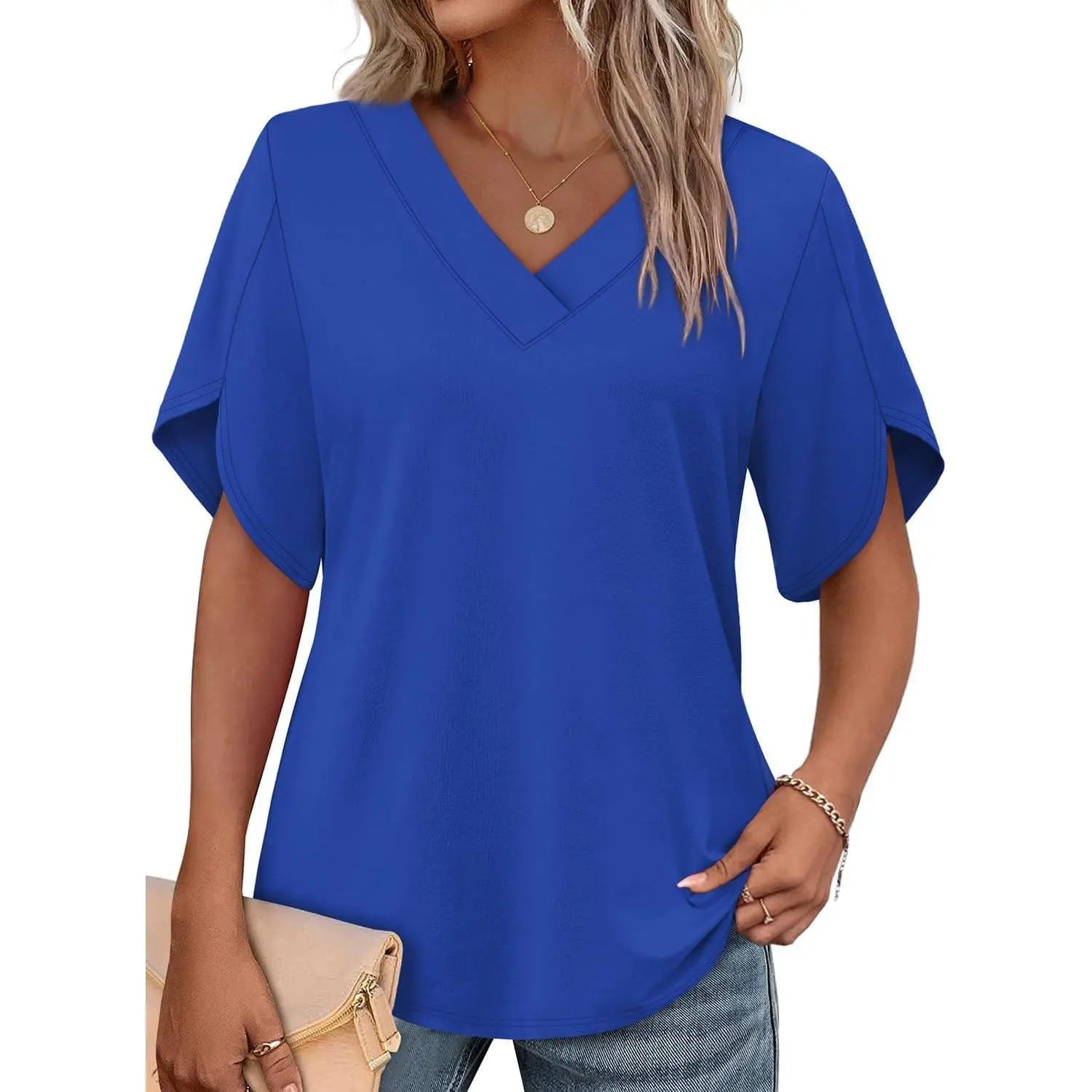 Womens Summer V-Neck Petal Sleeve Blouse Casual