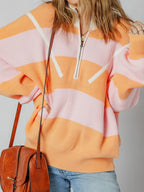 Stripe Color Block Half Zip Oversize Sweater