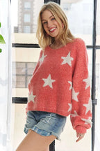 ADORA Full Size Star Contrast Round Neck Sweater Plus Size