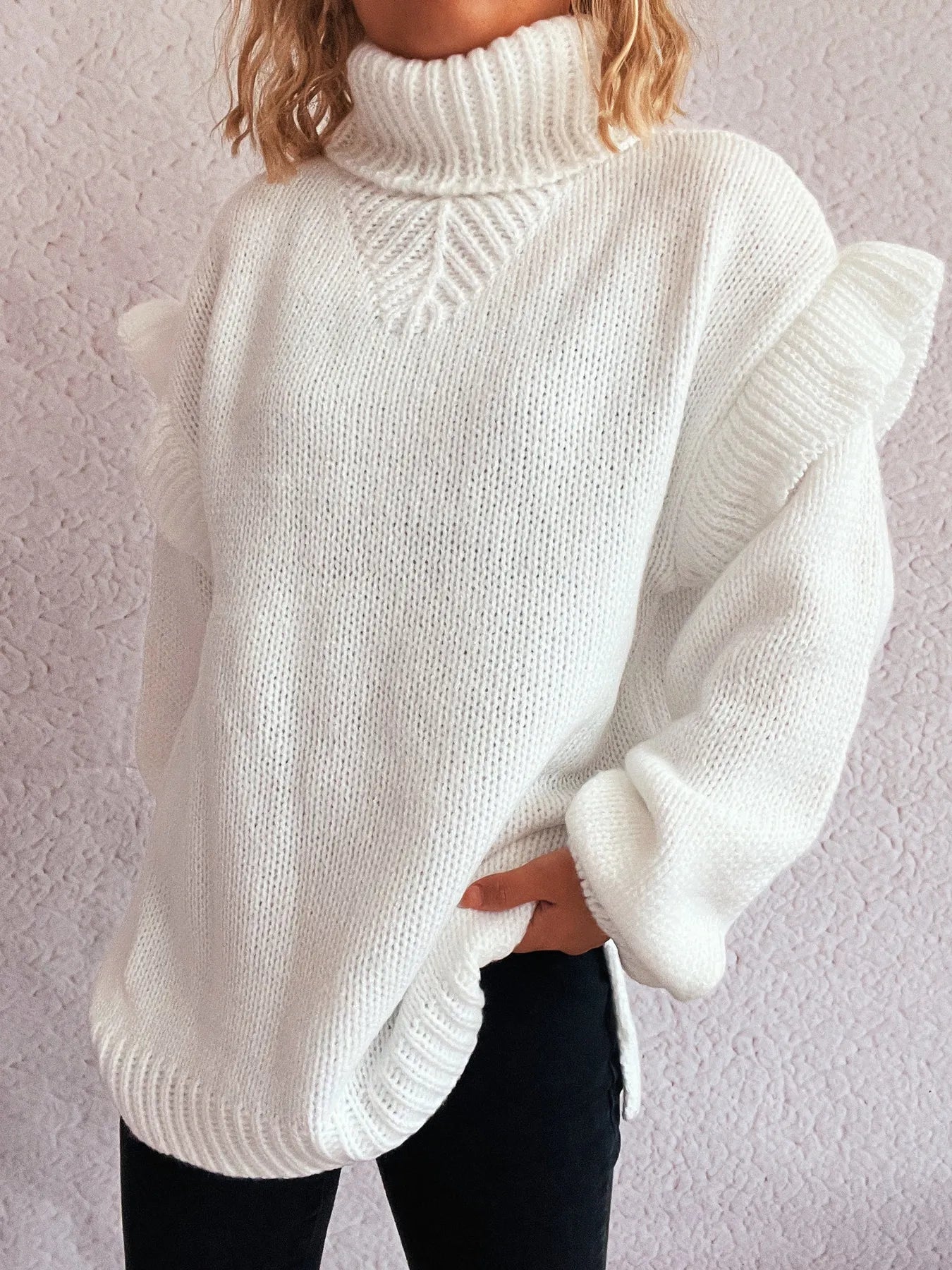 Ruffled Turtleneck Long Sleeve Sweater