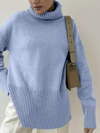 Side Slit Turtleneck Drop Shoulder Sweater