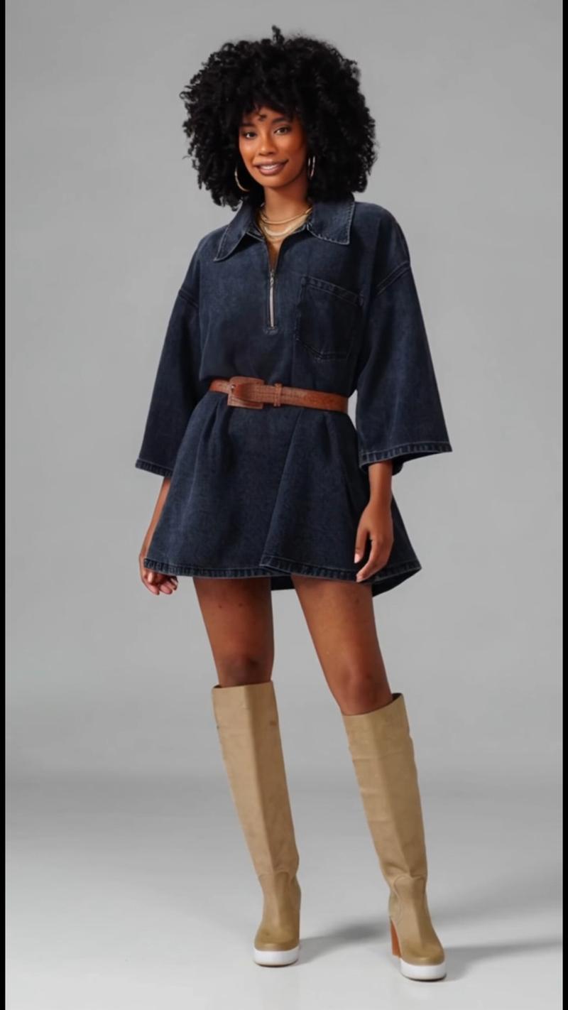 Half-Zip Collared Vintage Denim Dress