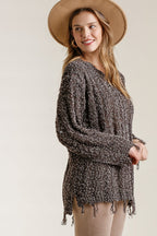 Umgee Full Size Frayed Hem Cable Knit Round Neck Sweater Plus Size