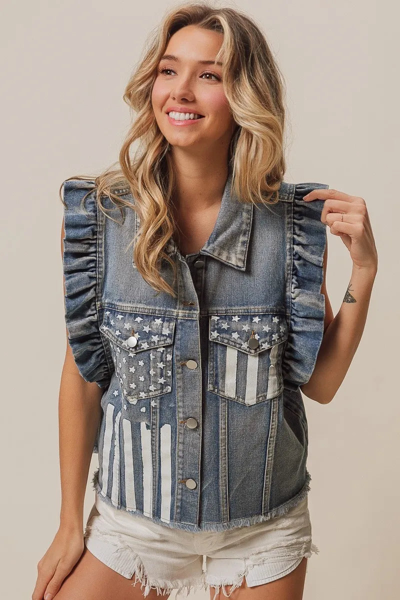 BiBi American Flag Washed Denim Jacket