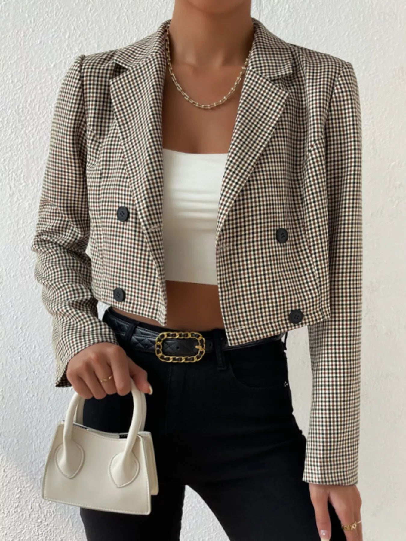 Plaid Lapel Collar Cropped Blazer