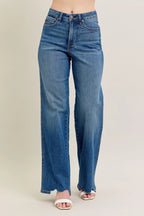 Judy Blue Full Size High Waist Tummy Control Chew Hem Destroy Wide Jeans Plus Size