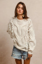 BiBi Faux Fur Detailed Pointelle Cable Knit Sweater