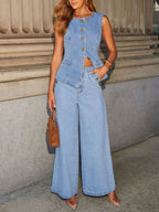 Button Down Vest and Wide Leg Jeans Denim Set