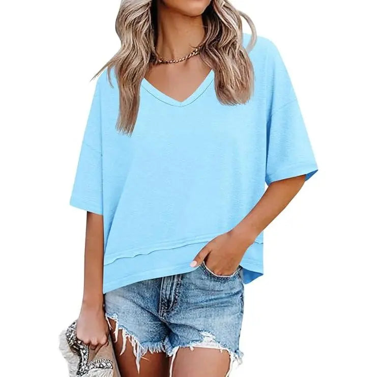 Oversize V-Neck Short Sleeve Casual Flowy Top