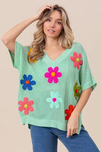BiBi Flower Patches Dolman Sleeve Lightweight Sweater