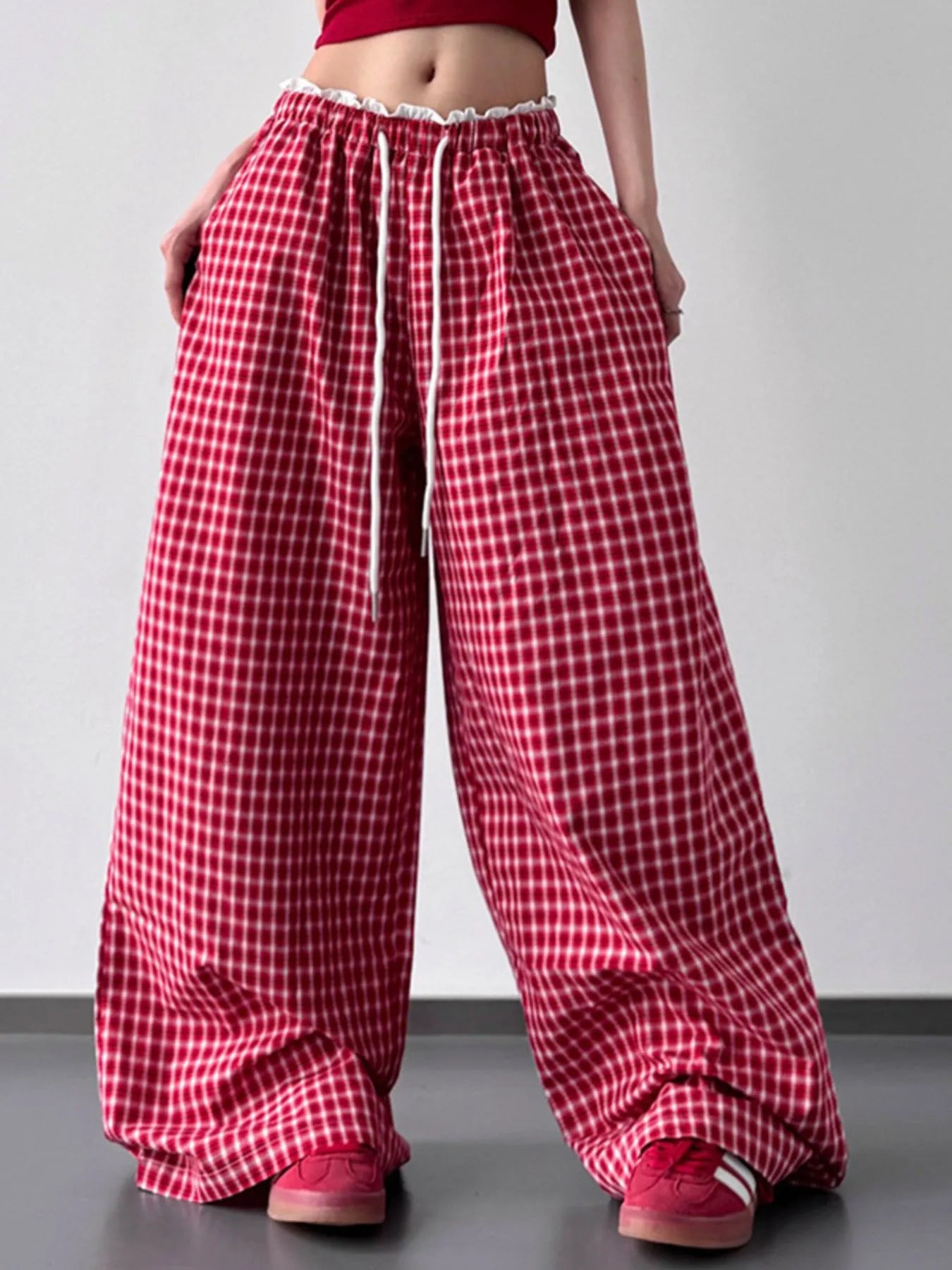 Drawstring Plaid Wide Leg Pants