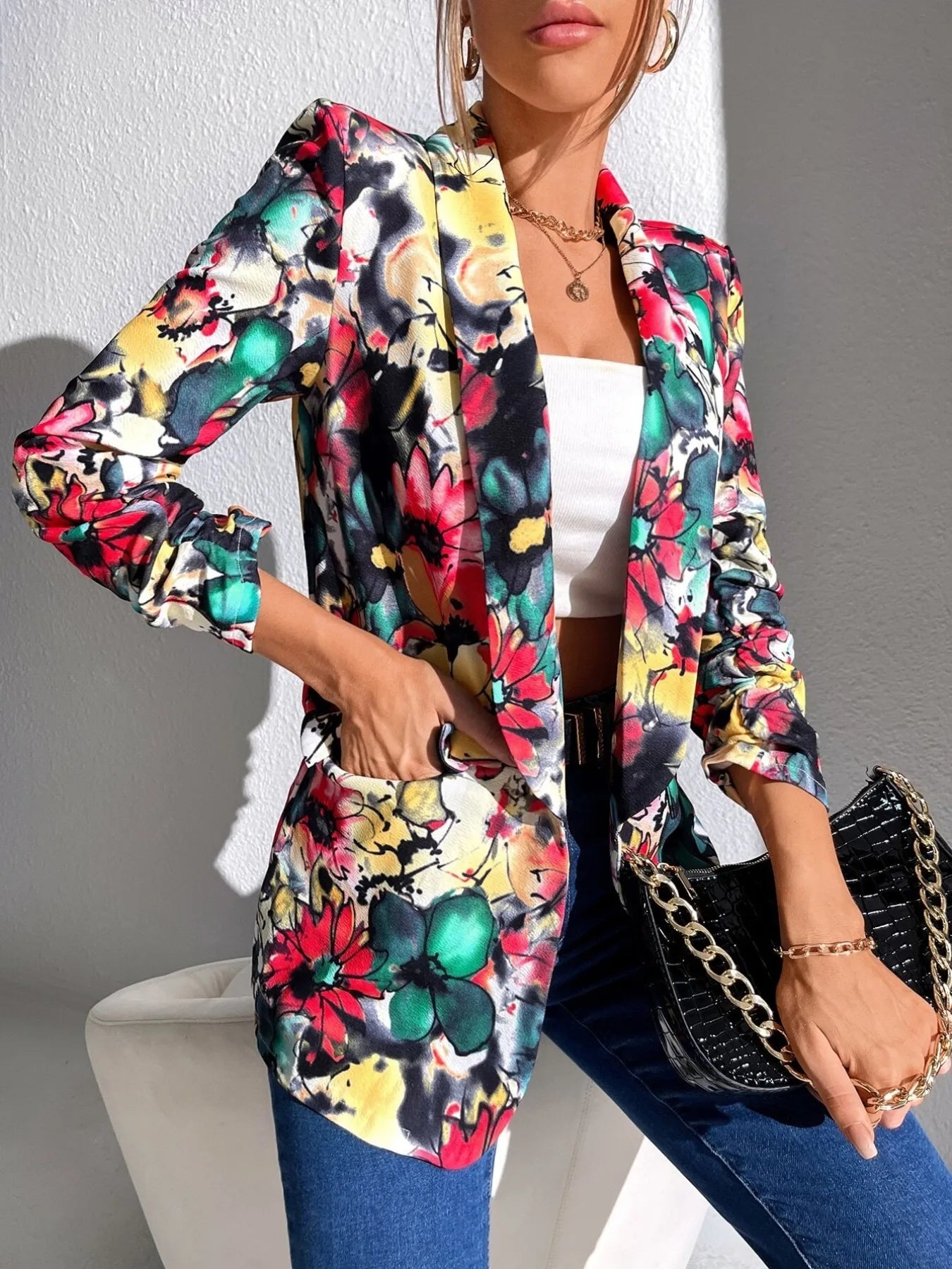 Vibrant Floral Print Open Front Blazer