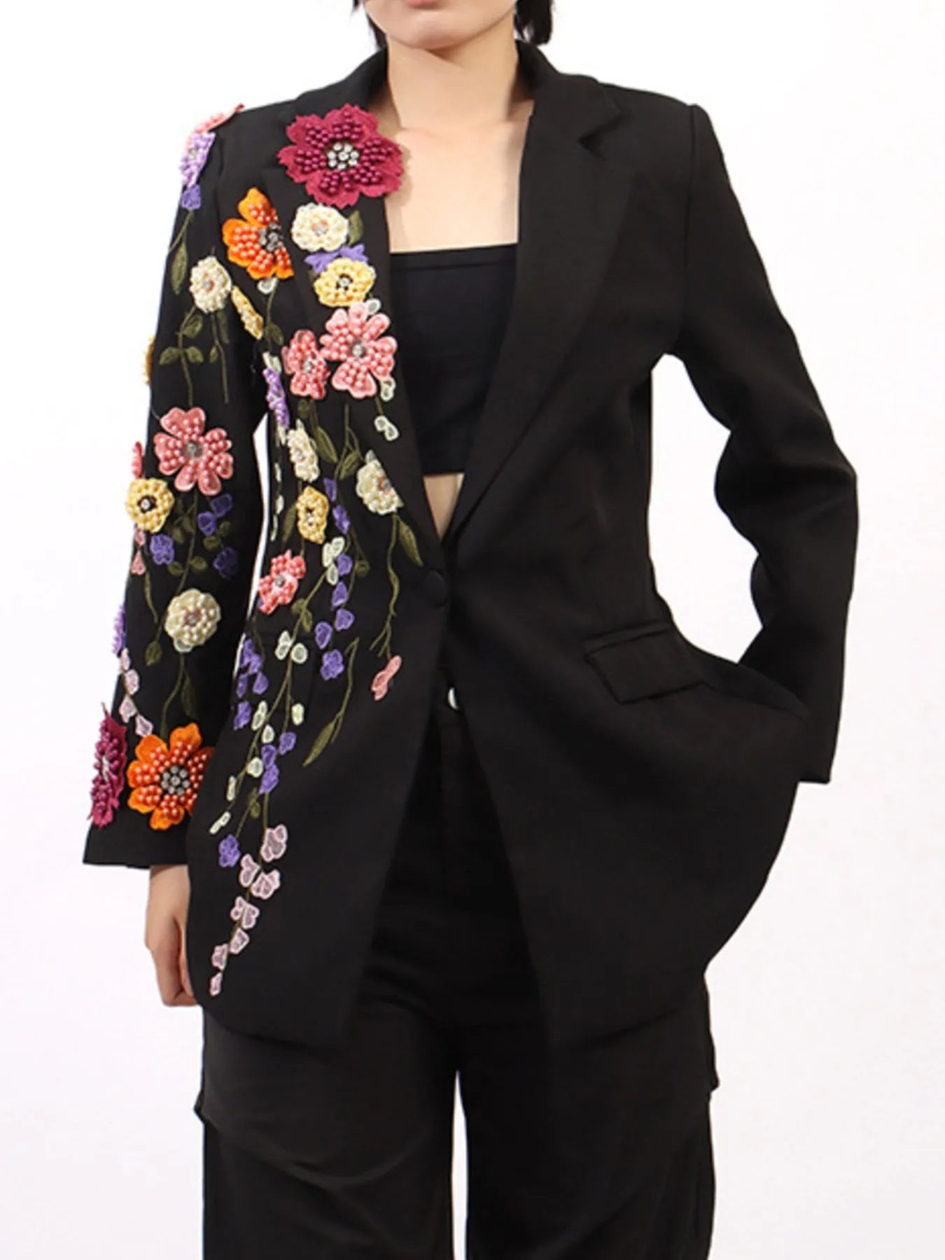Pearl Detail Flower Lapel Collar Blazer