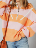 Stripe Color Block Half Zip Oversize Sweater