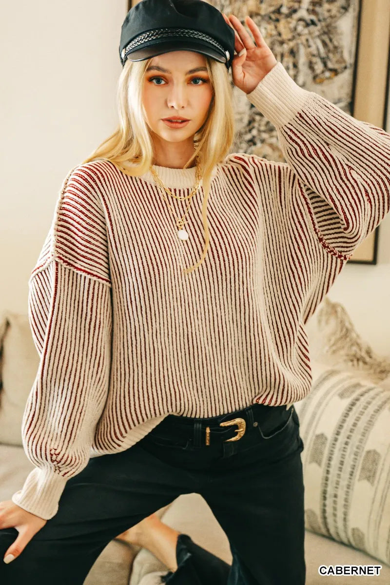 Zenana Two Tone Crewneck Sweater Oversized