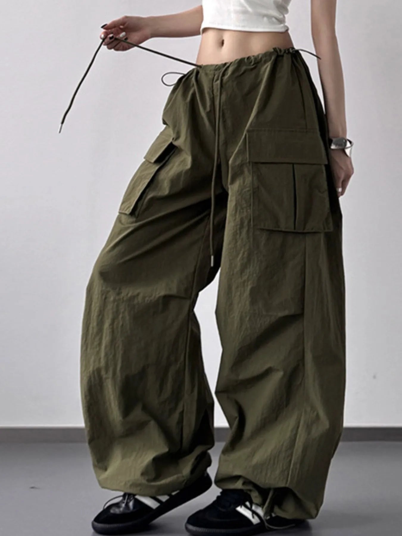 Drawstring Wide Leg Cargo Pants