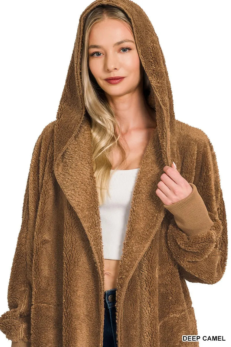Zenana Hooded Faux Fur Jacket with Pockets