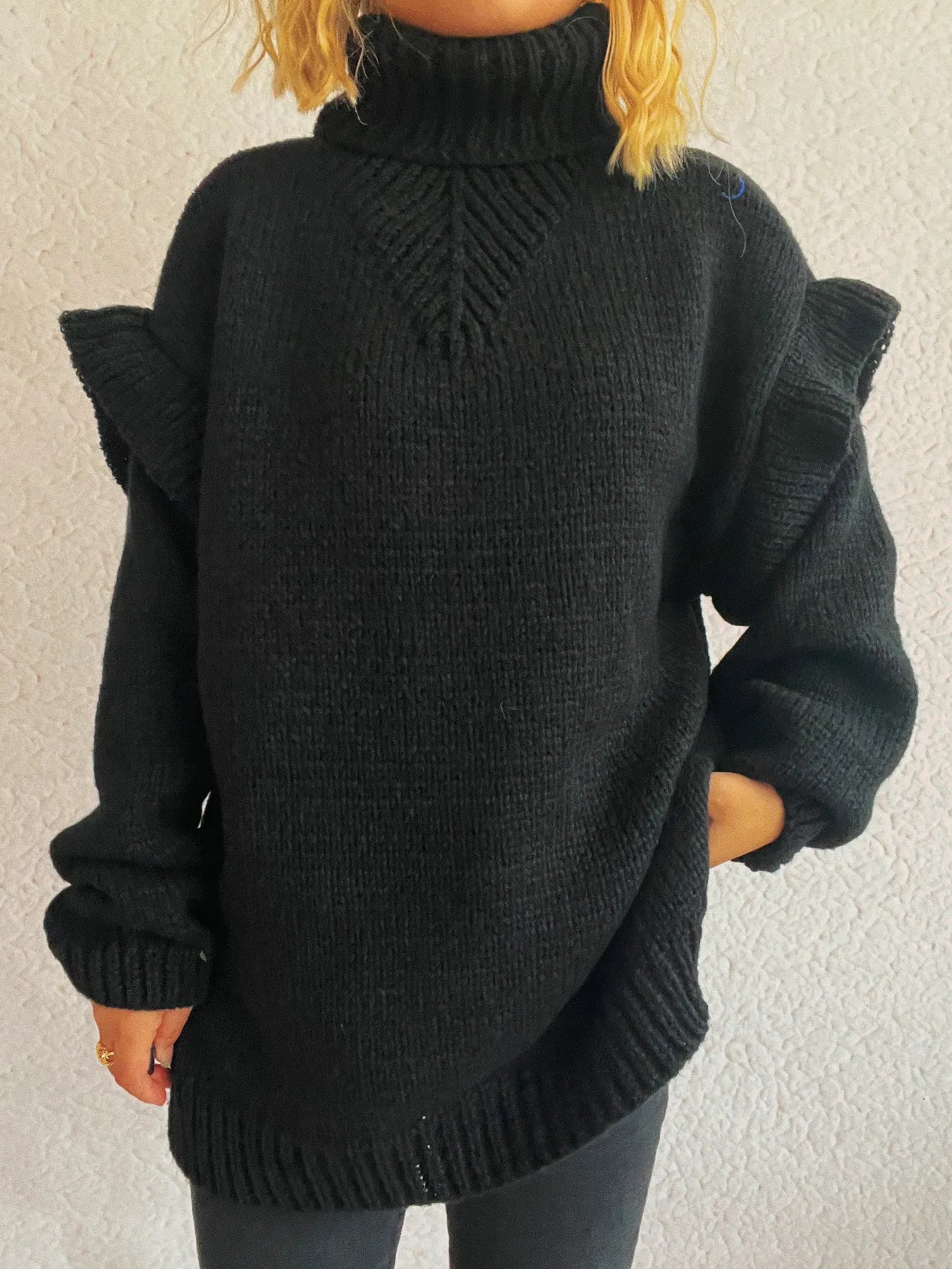 Ruffled Turtleneck Long Sleeve Sweater