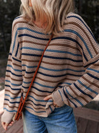 Multicolour Striped Knitted Drop Shoulder Round Neck Sweater