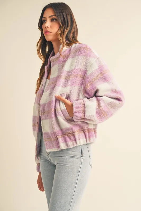 MABLE Plaid Print Fuzzy Bomber Jacket