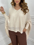 Crochet V-Neck Batwing Sleeves Oversized Sweater