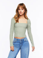 Ribbed Square Neck Long Sleeve Sweater