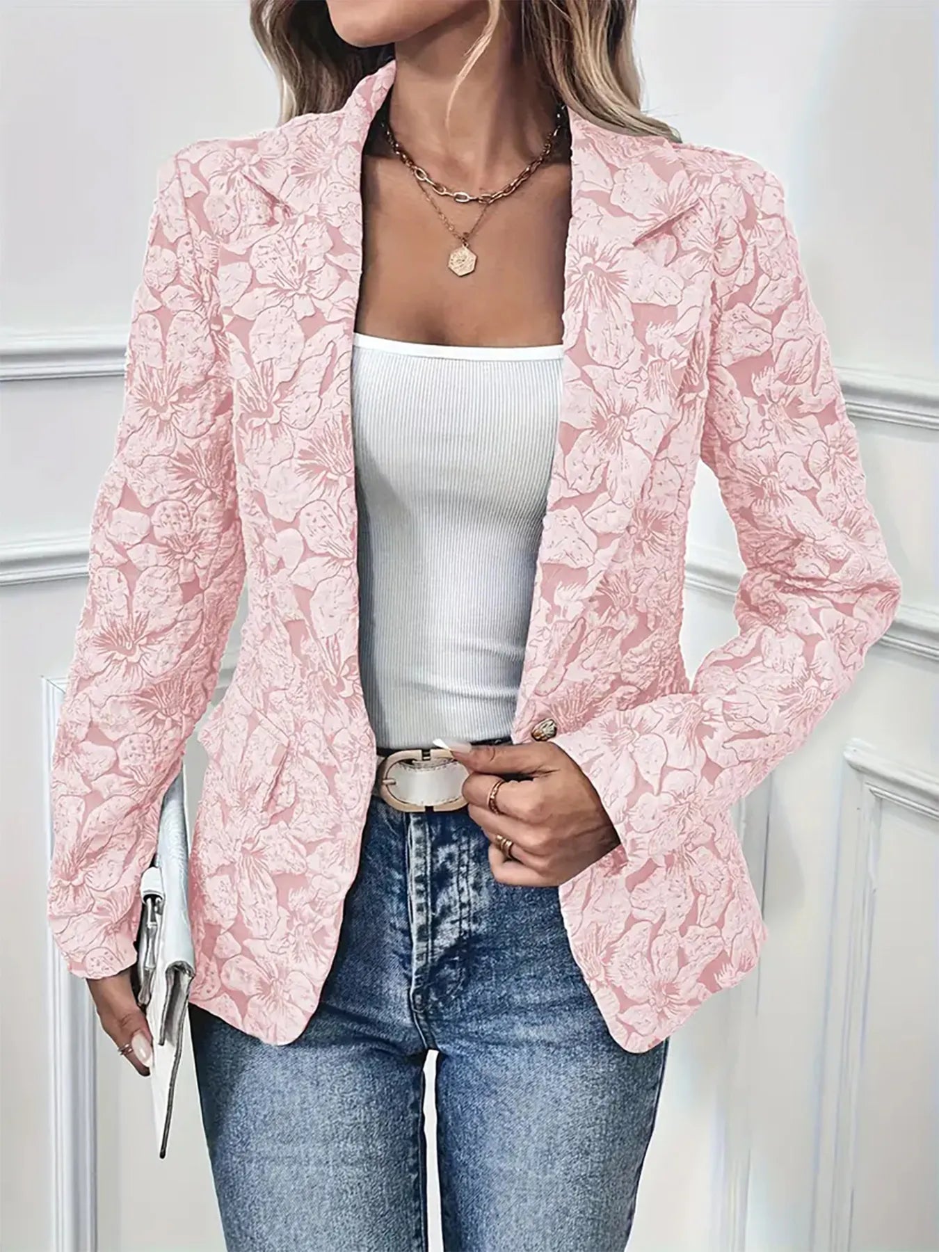 Floral Print Single Button Blazer with Pockets