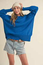 Aemi+Co Ribbed Hem Side Slit Round Neck Sweater