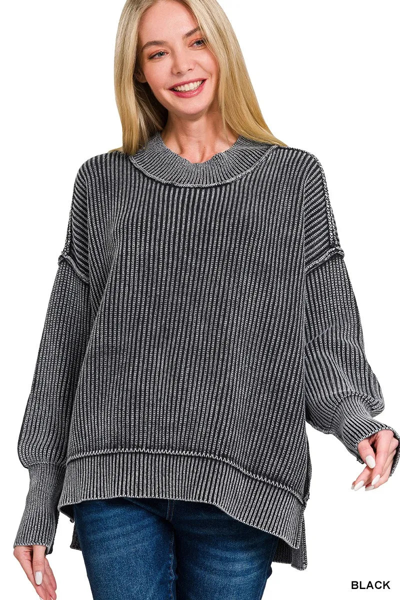 Zenana Washed Side Slit Oversized Sweater