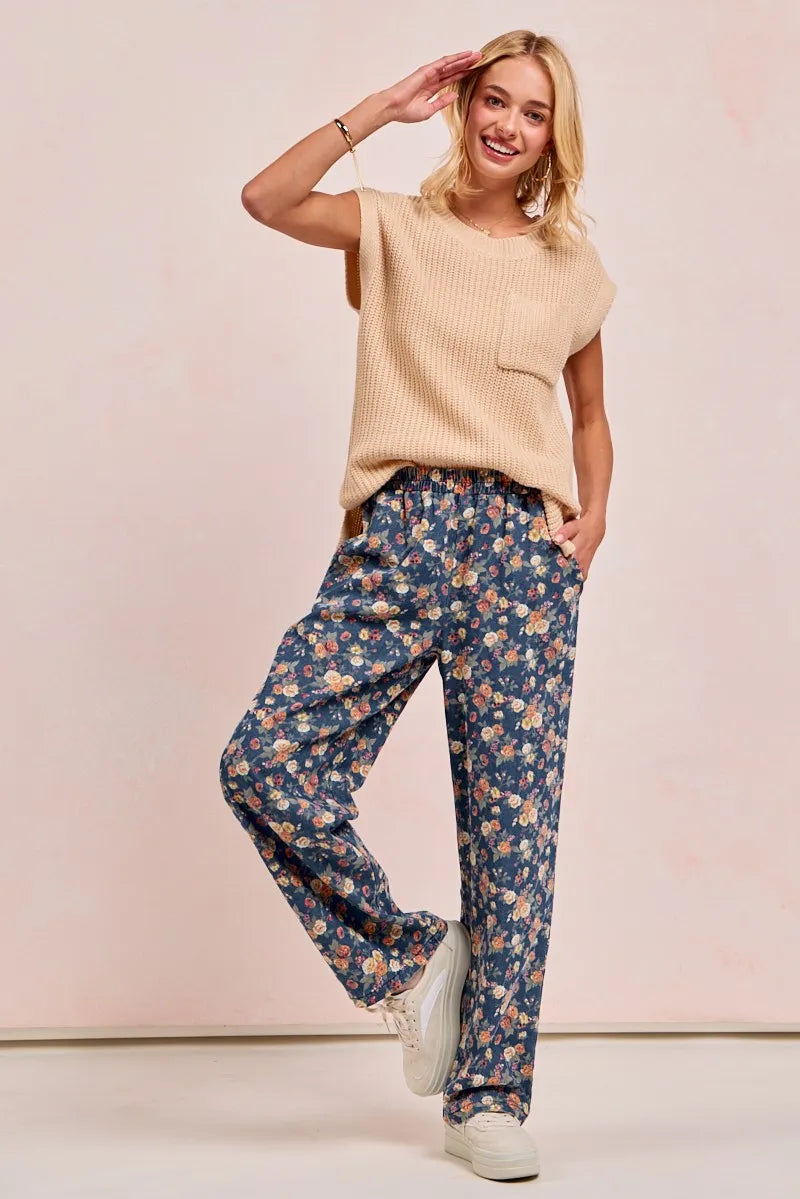 BiBi Washed Floral Print Wide Leg Jeans