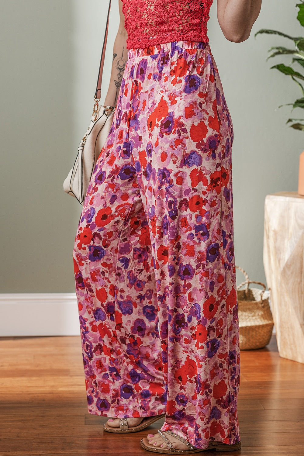 Floral Wide Leg Elastic High Waist Pants