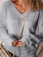 Eyelet Deatil V-Neck Long Sleeve Sweater