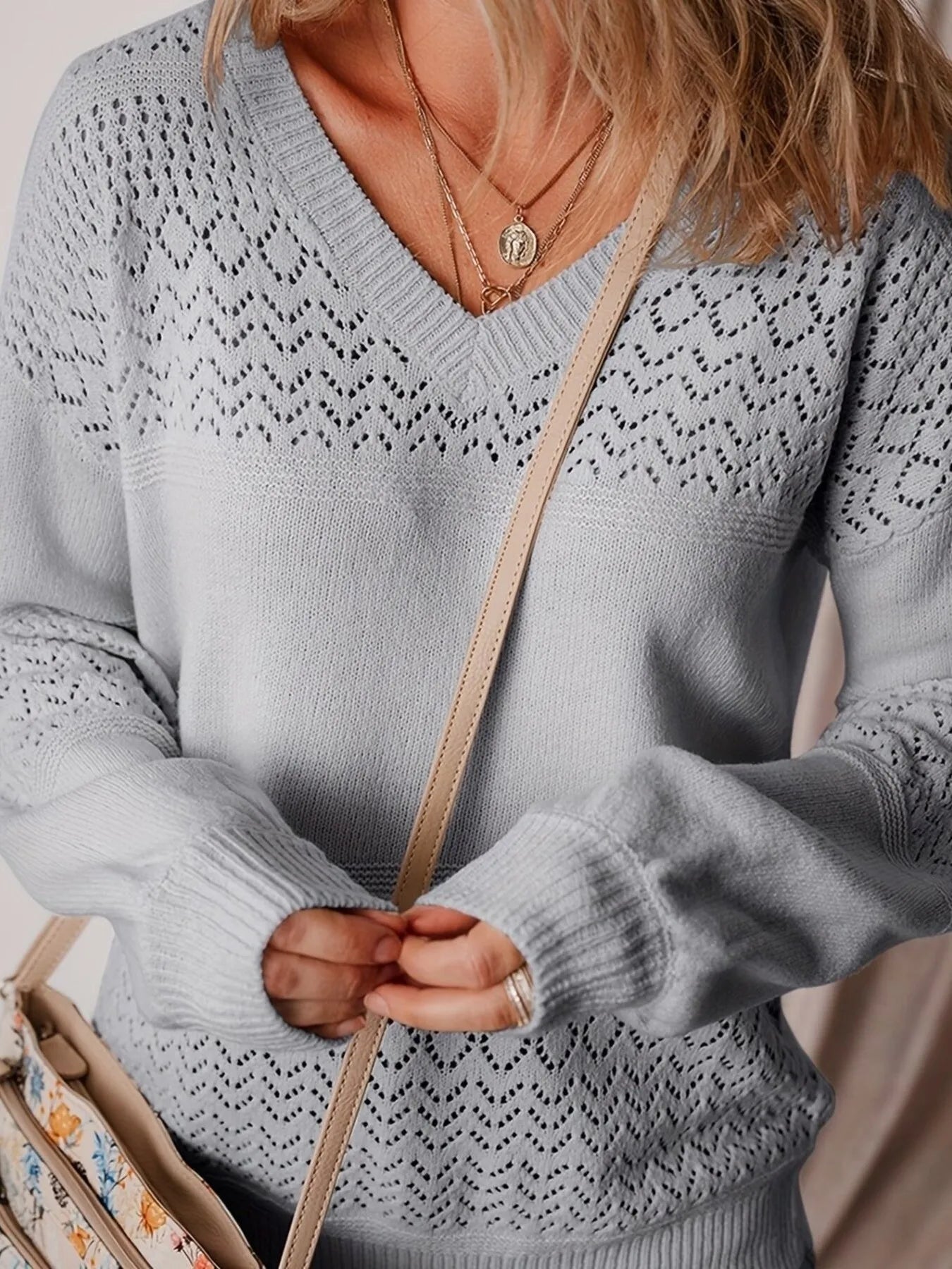 Eyelet Deatil V-Neck Long Sleeve Sweater