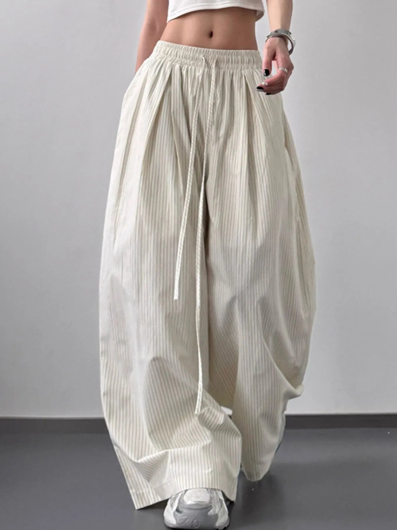 Striped Wide Leg Pants with Drawstring Waist