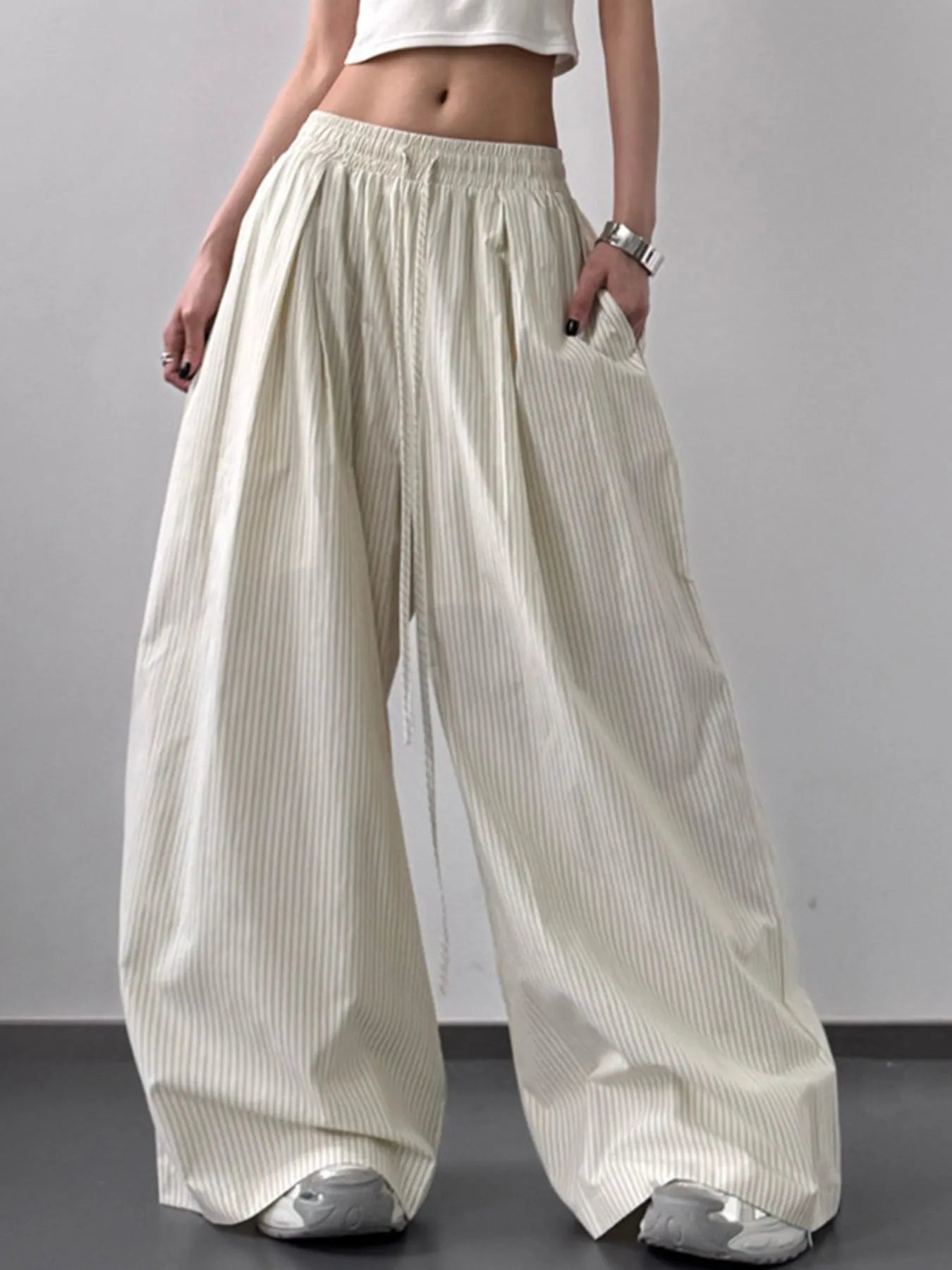 Striped Wide Leg Pants with Drawstring Waist