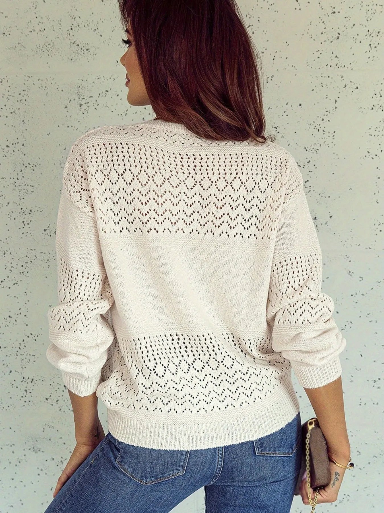 Eyelet Deatil V-Neck Long Sleeve Sweater