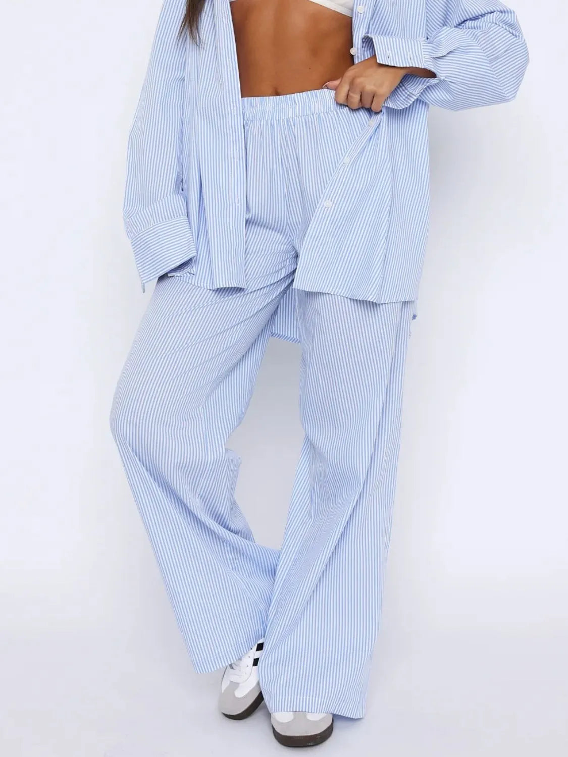 Pocketed Striped Wide Leg Pants