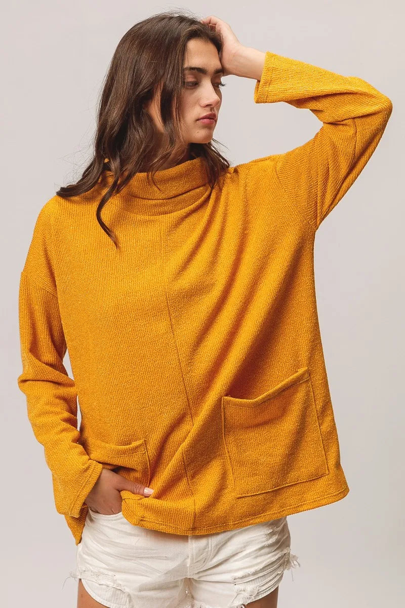BiBi Piper Rib Double Pocket Turtle Neck Sweater