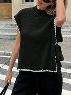 Ribbed Turtleneck Sweater Vest with Contrast Trim