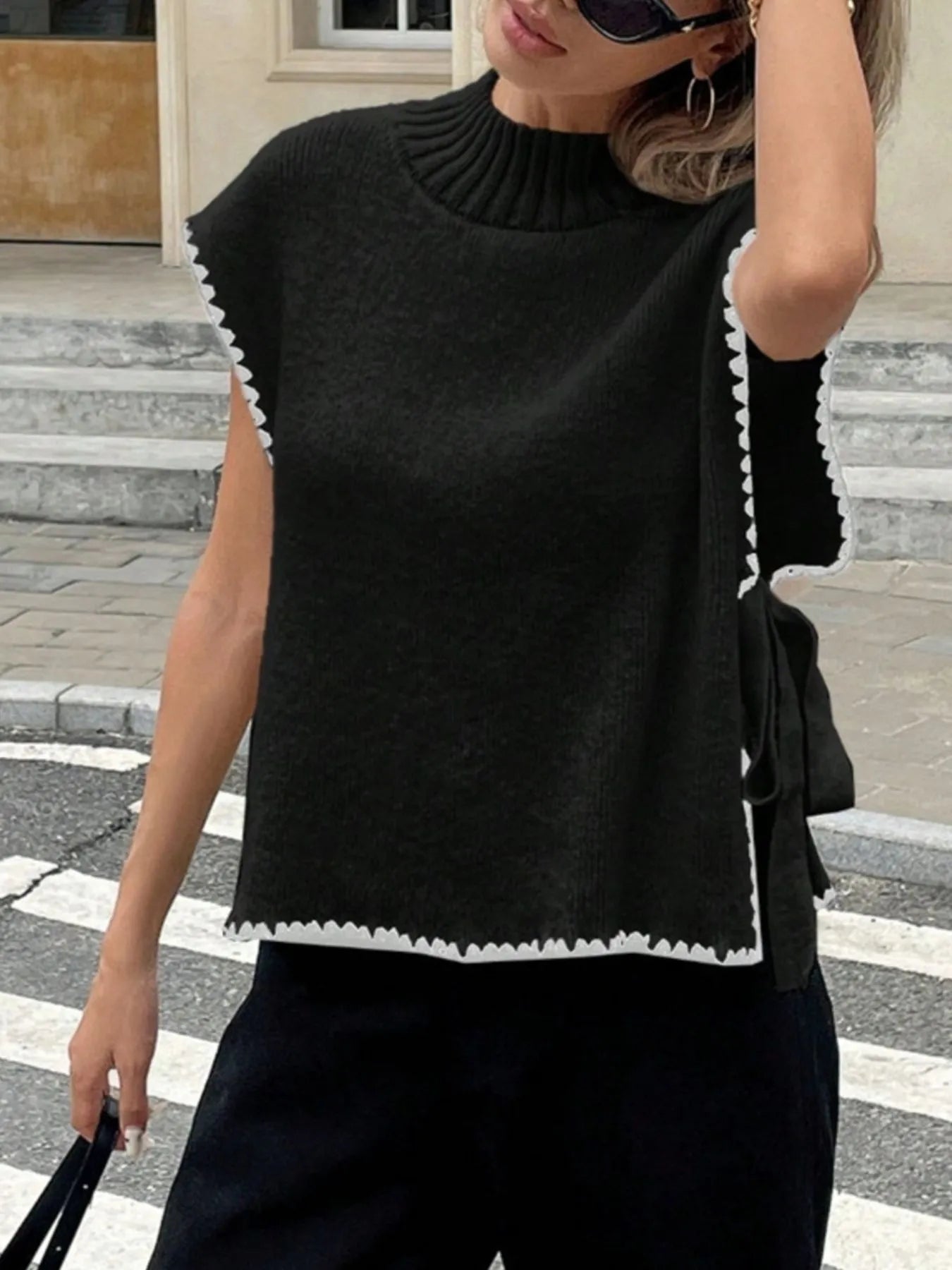 Ribbed Turtleneck Sweater Vest with Contrast Trim