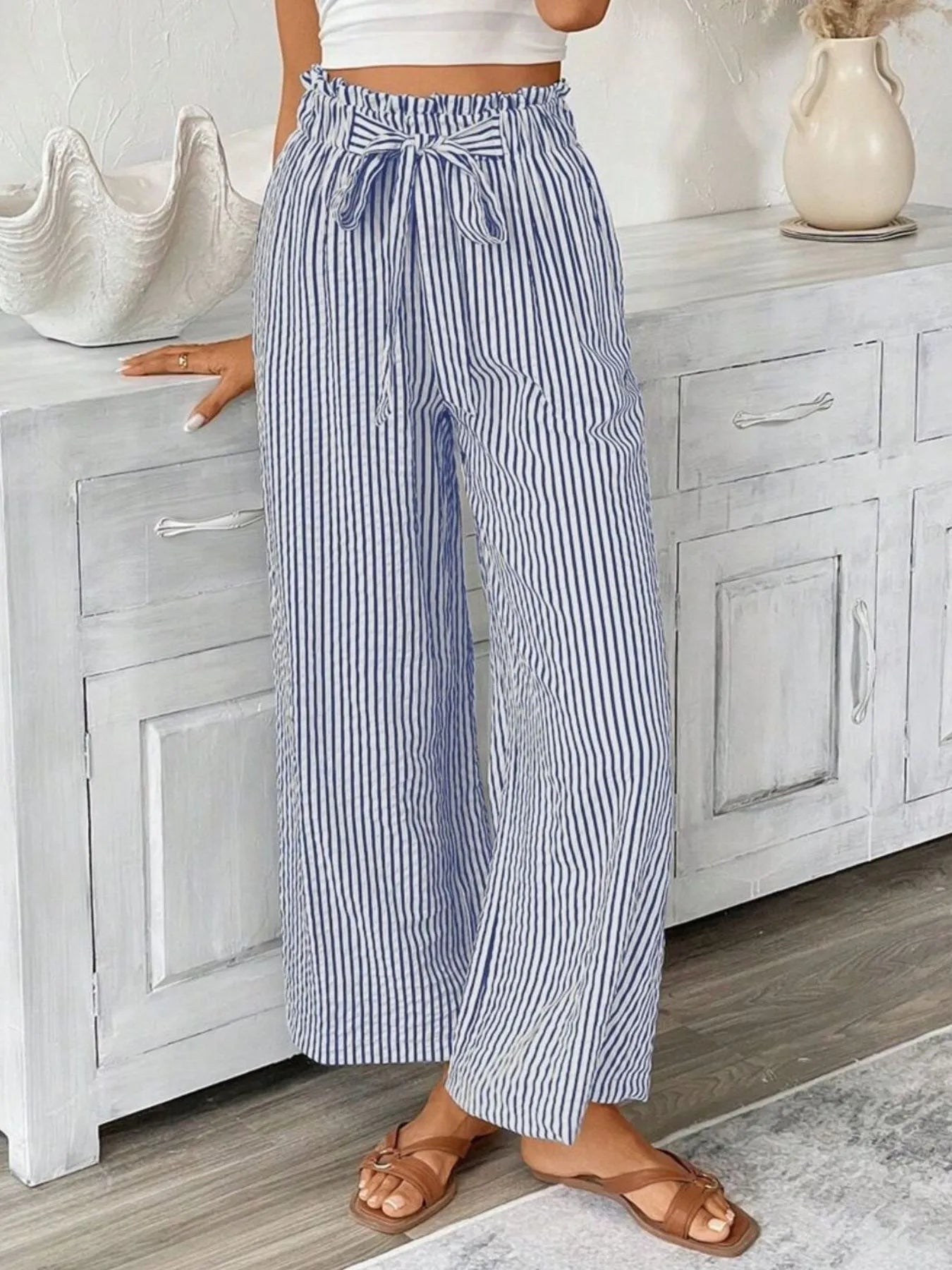 Full Size Striped Wide Leg Paper Bag Pants Plus Size
