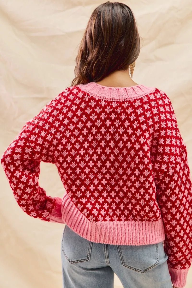 SO ME Color Block Textured Christmas Sweater V Neck Top