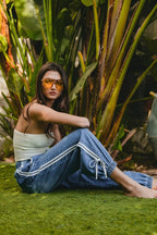 BiBi Striped Tape Details With Bot Tied Point Elastic Waist Jeans