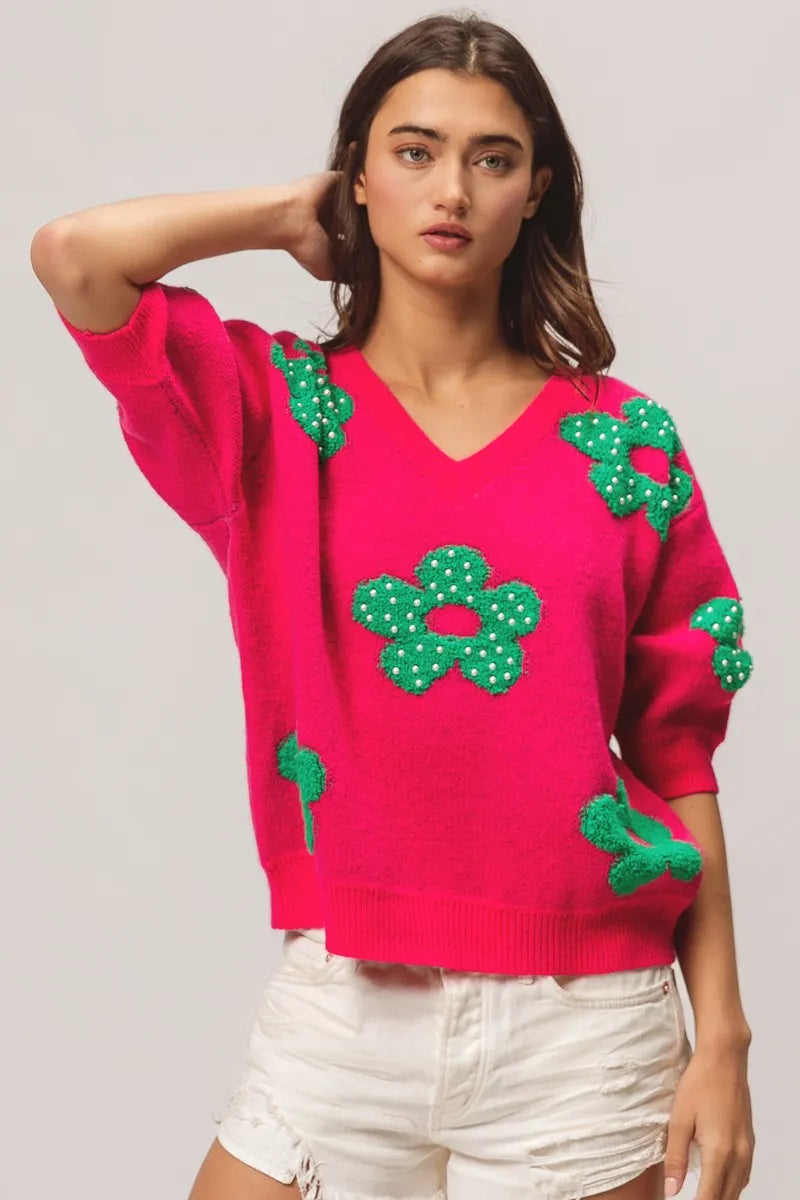 BiBi Pearl Beads Flowers Sweater Top