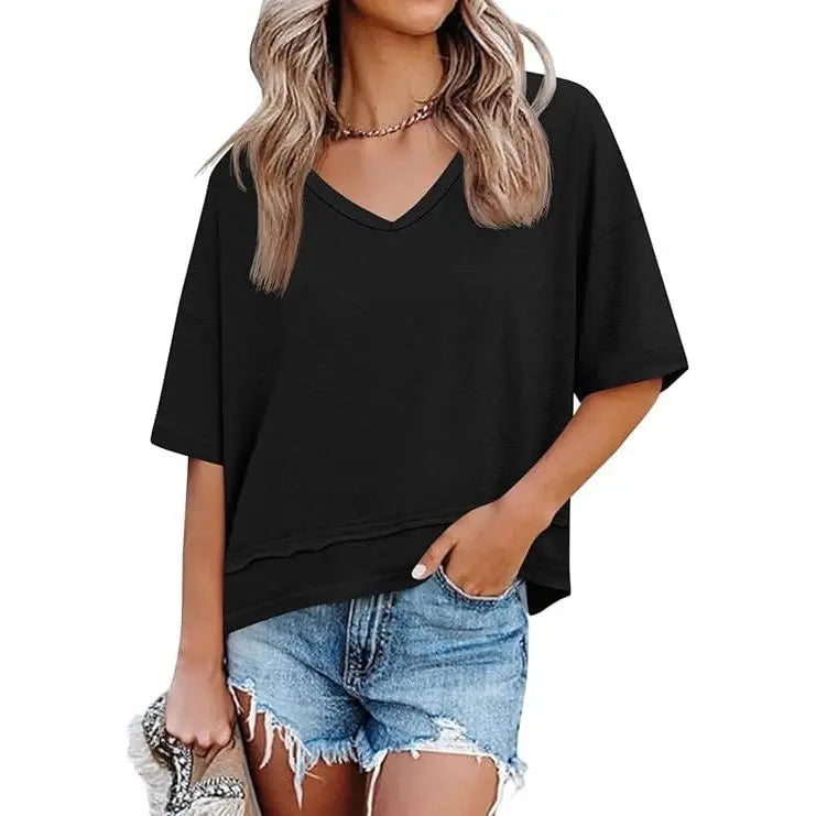 Oversize V-Neck Short Sleeve Casual Flowy Top
