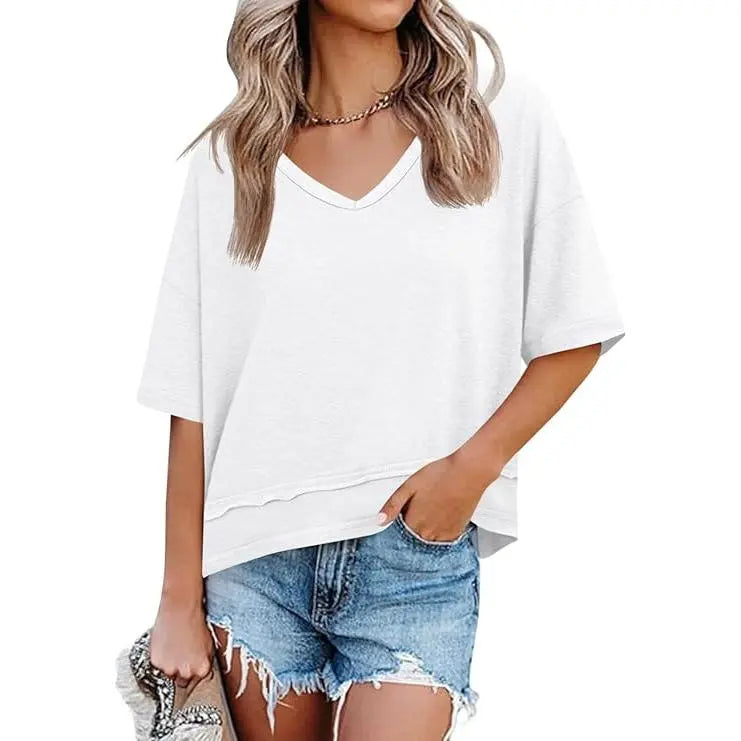 Oversize V-Neck Short Sleeve Casual Flowy Top